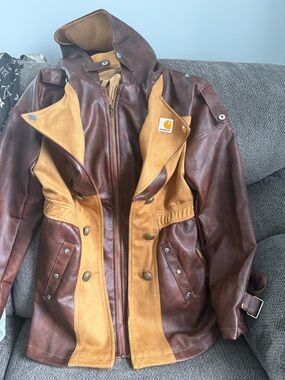 Carhartt Men's Brown Leather and Tan Canvas Hooded Field Jacket